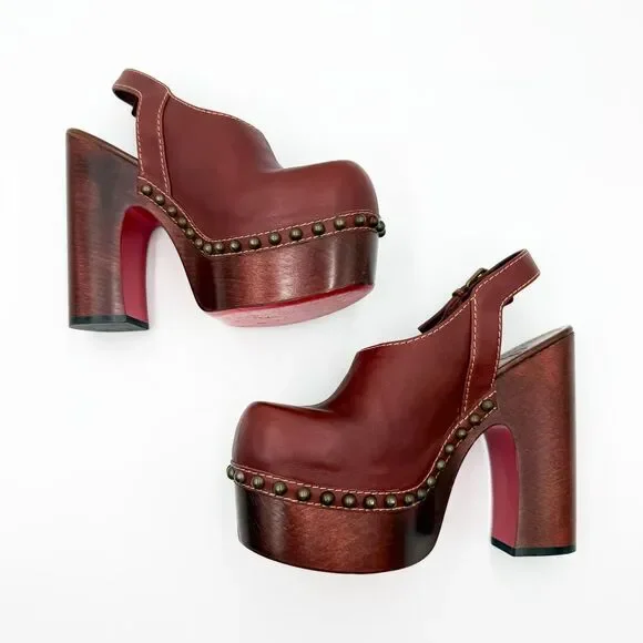 Christian Louboutin Joan Platform Wooden Heels Studded Clogs EU 38 US 8 - Picture 7 of 11